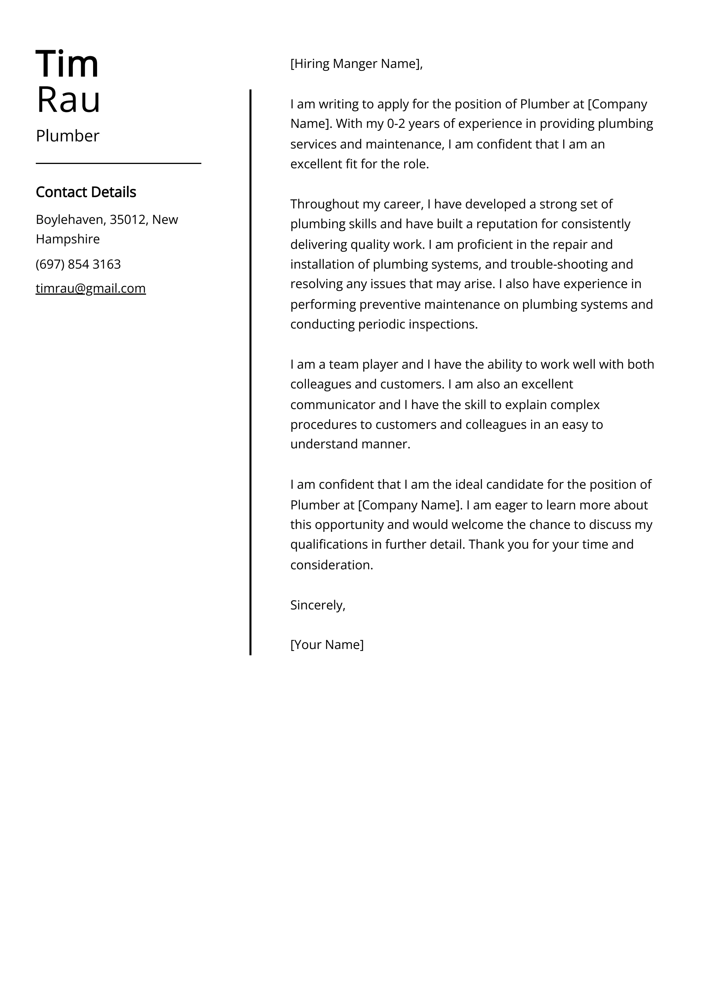 39263 experienced plumber cover letter