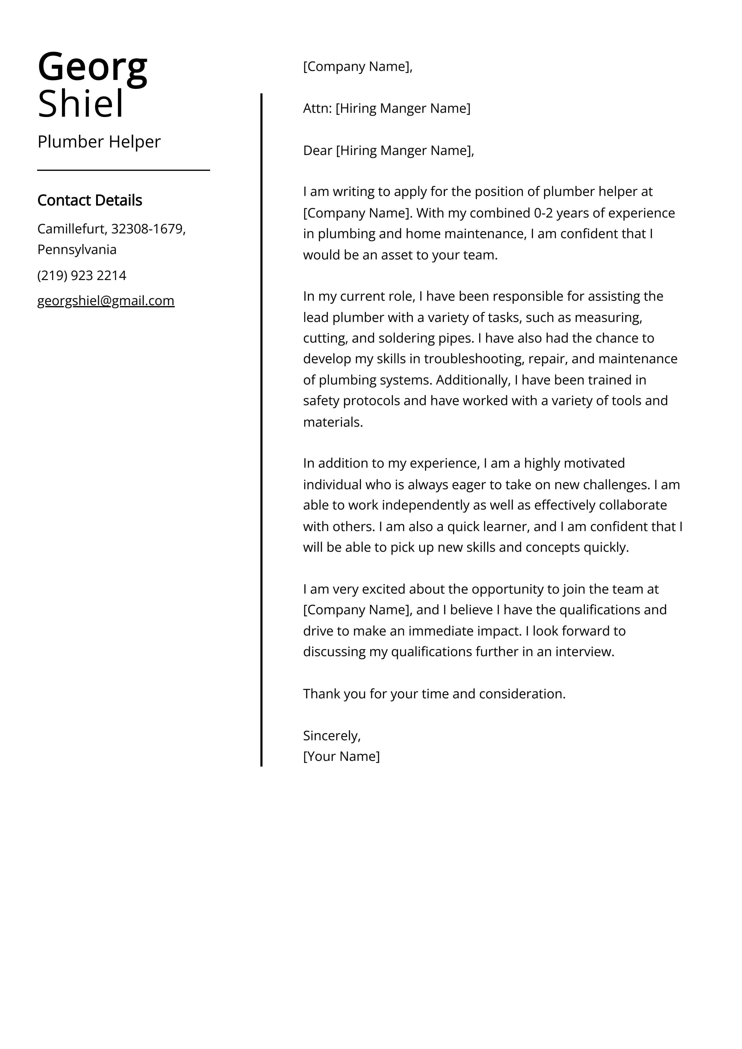 39263 plumbing foreman cover letter