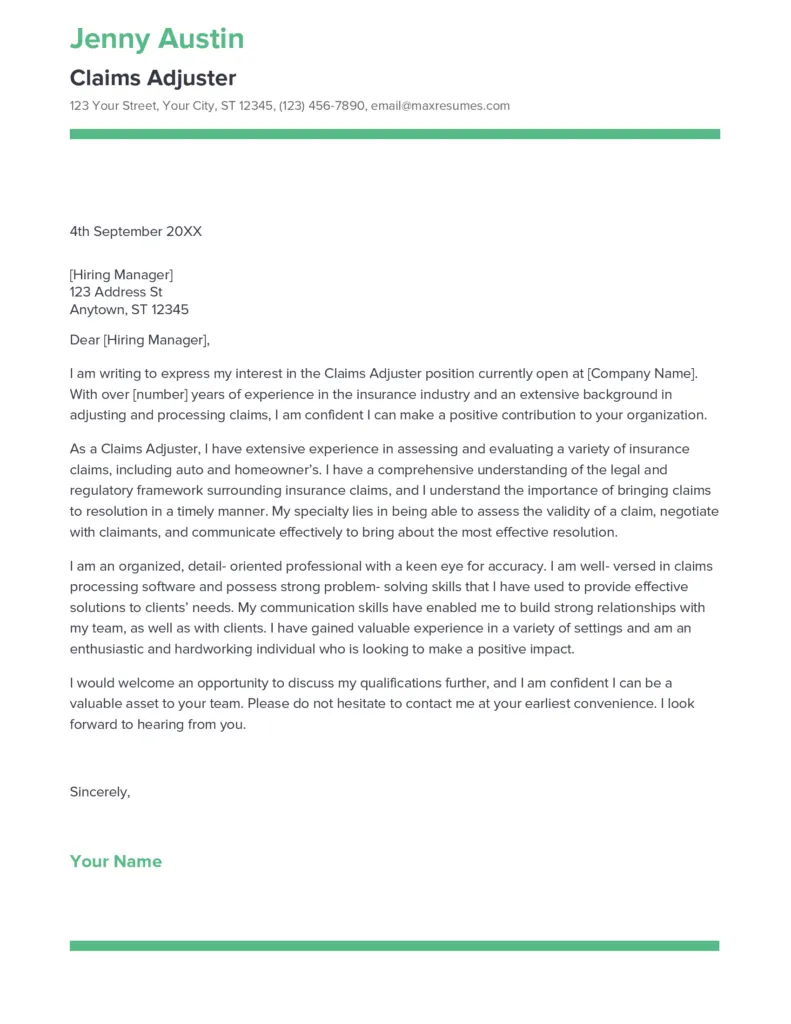 39265 insurance adjuster cover letter