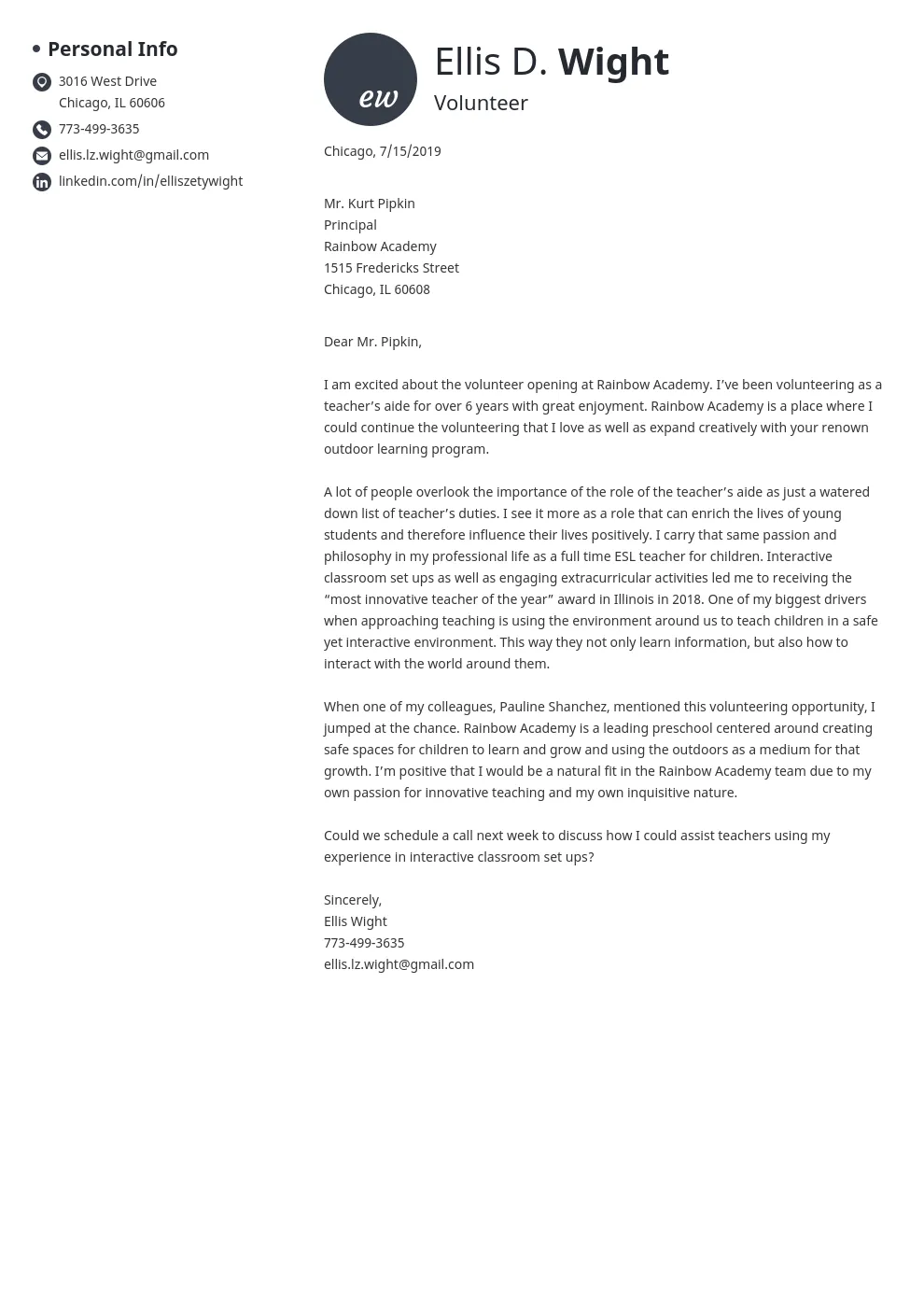 39287 volunteer cover letter passion