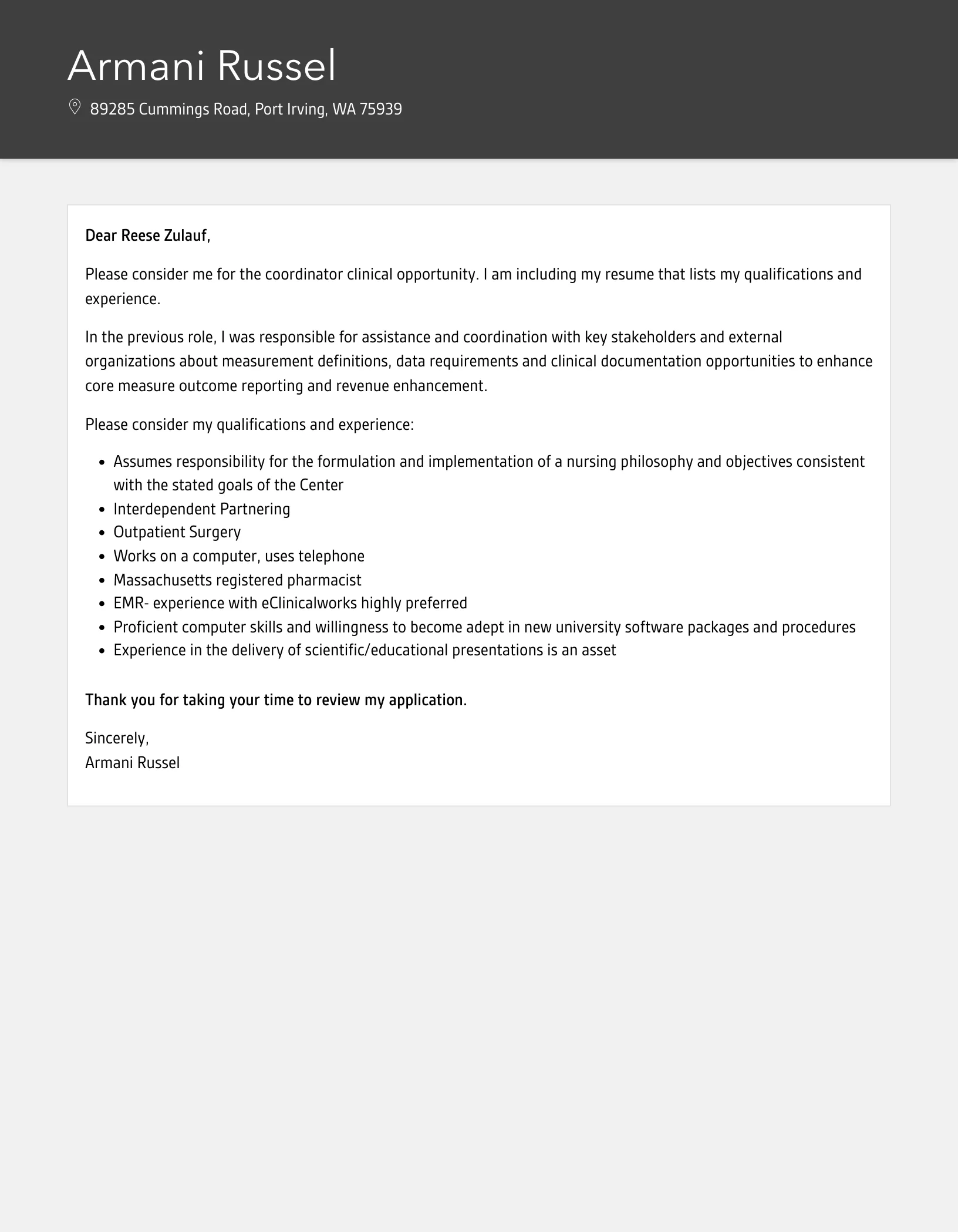 39301 clinical coordinator cover letter closing