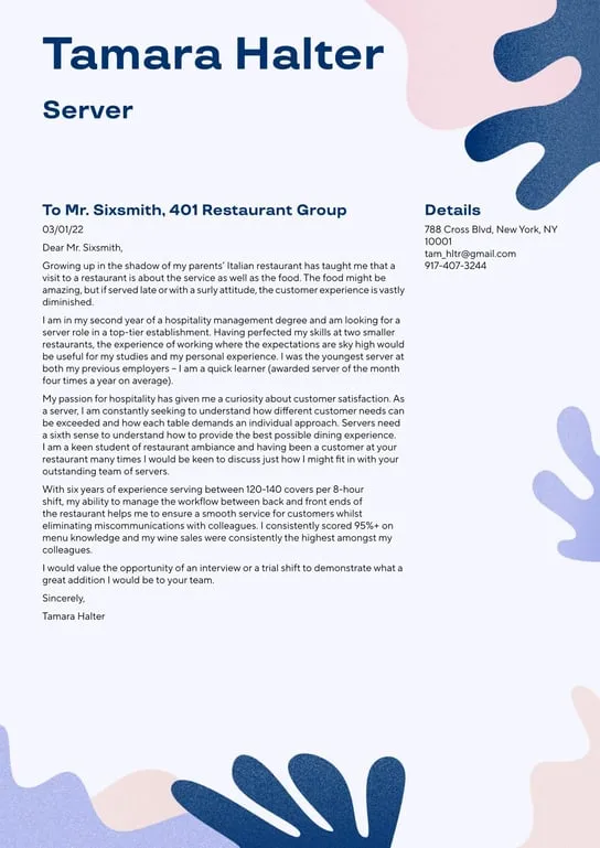 39362 server cover letter experience
