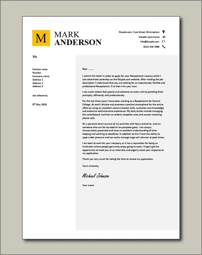 39421 receptionist cover letter format