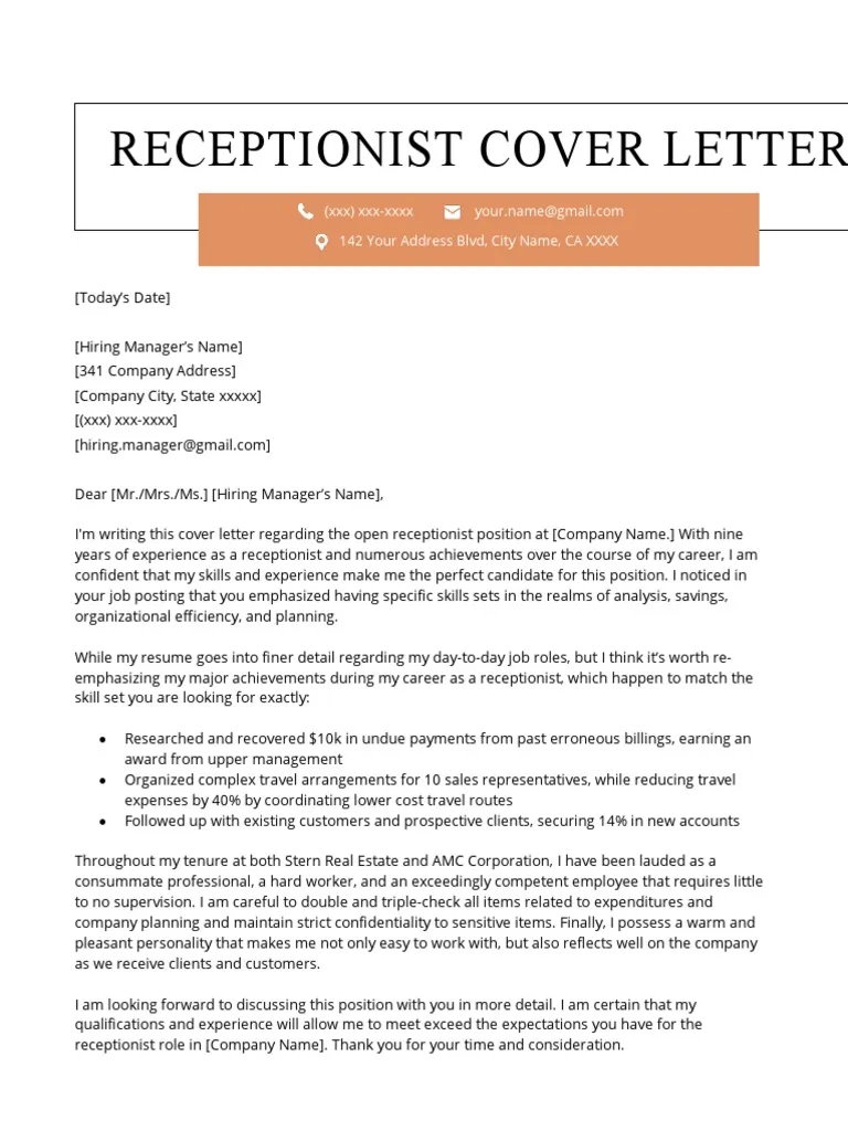 39421 receptionist cover letter importance
