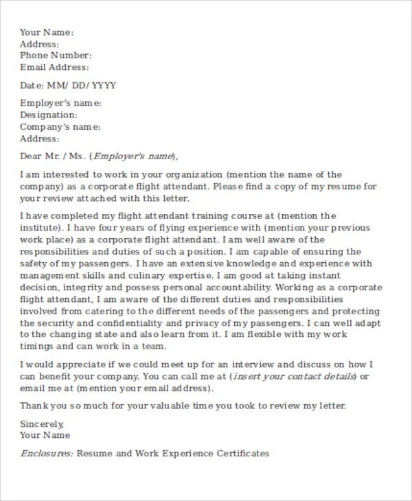 39425 flight attendant cover letter template