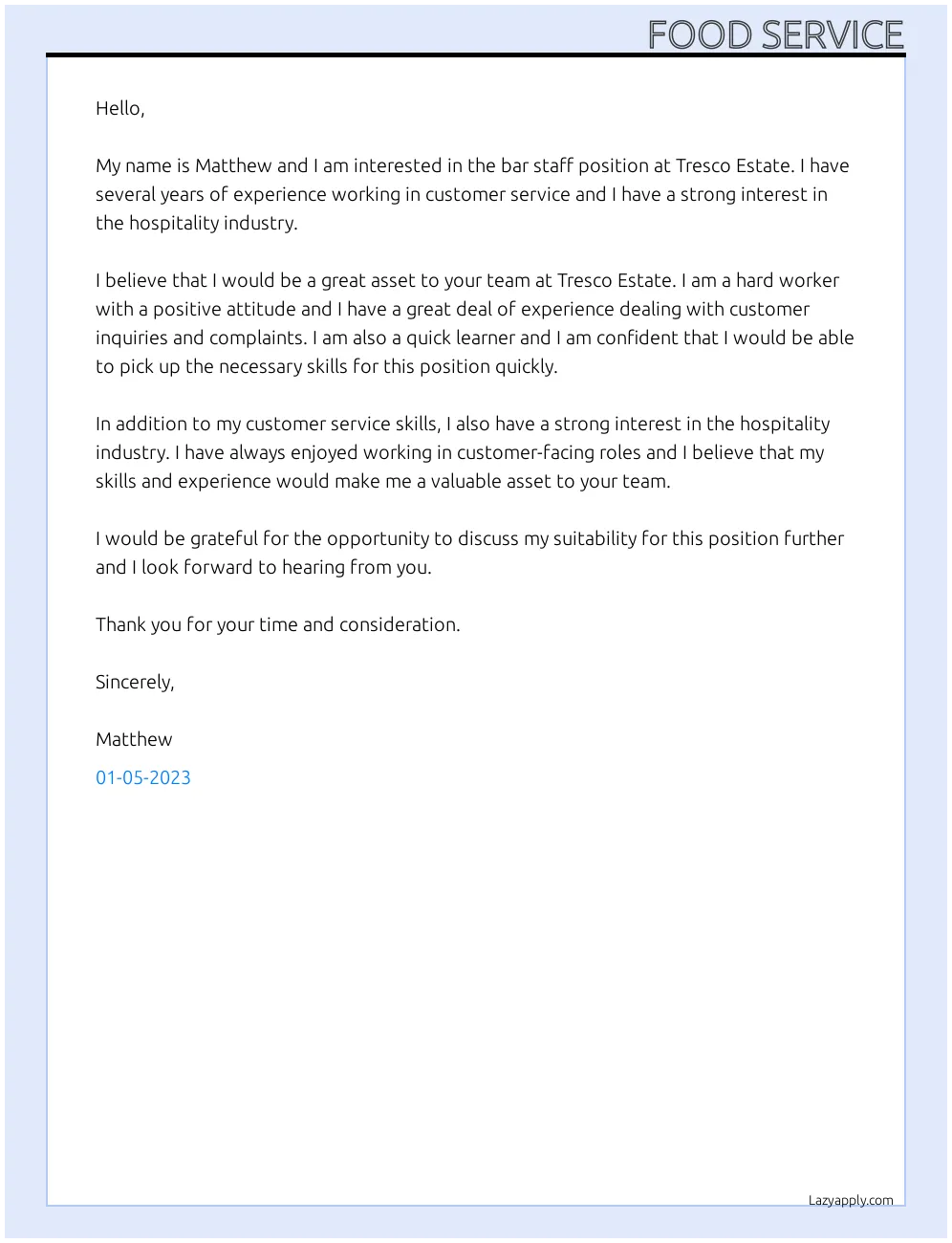 39454 food service cover letter writing