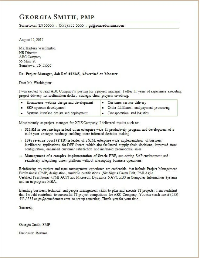 39482 project manager cover letter format