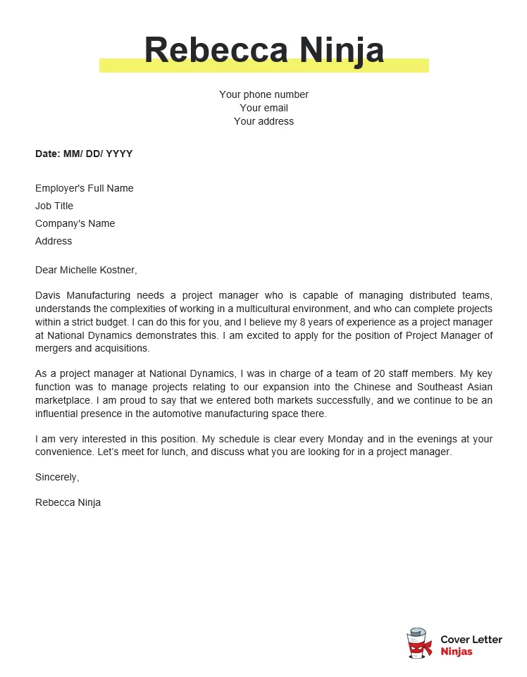 39482 project manager cover letter header