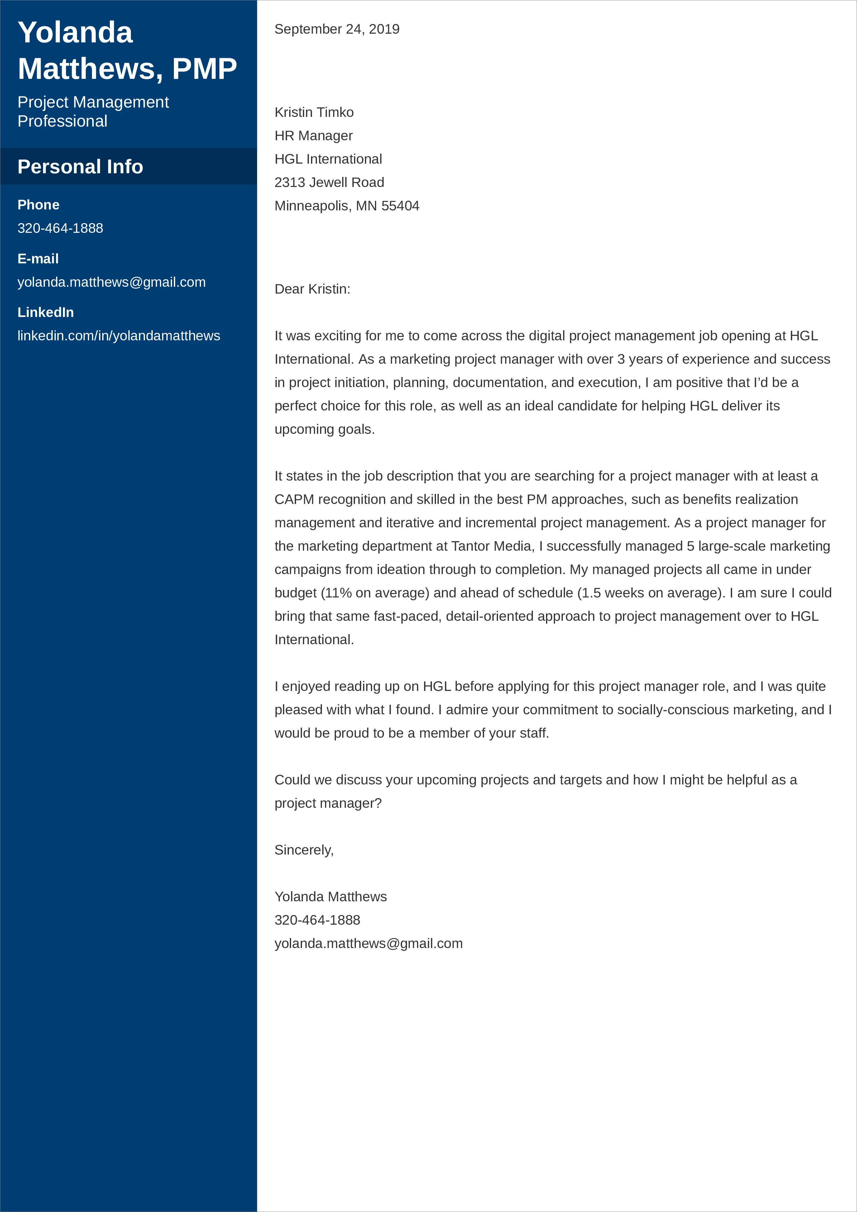 39482 project manager cover letter skills