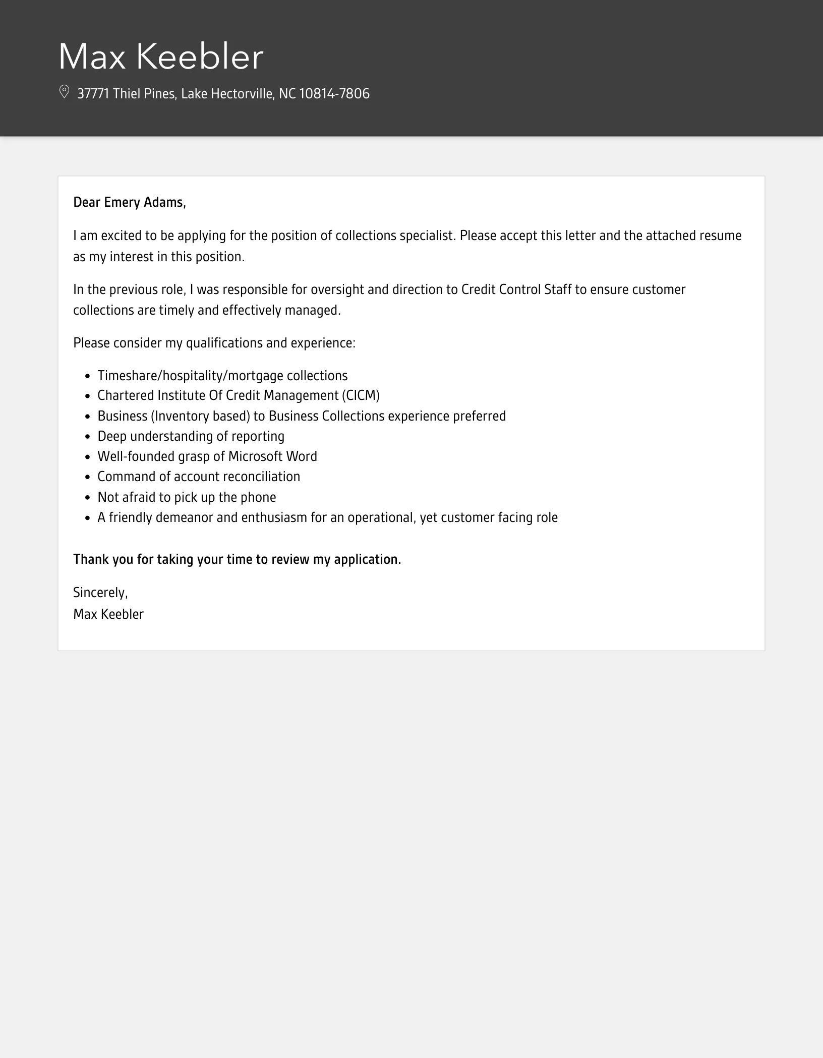 39483 collections specialist cover letter formatting