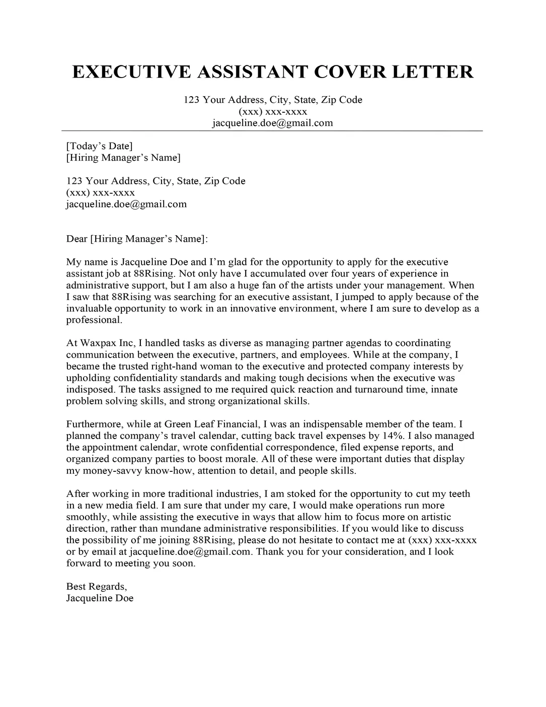 39520 executive assistant cover letter sample